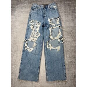 Garage Jeans Womens 7/28 Blue Denim Wide Leg Distressed Shredded High Rise Baggy
